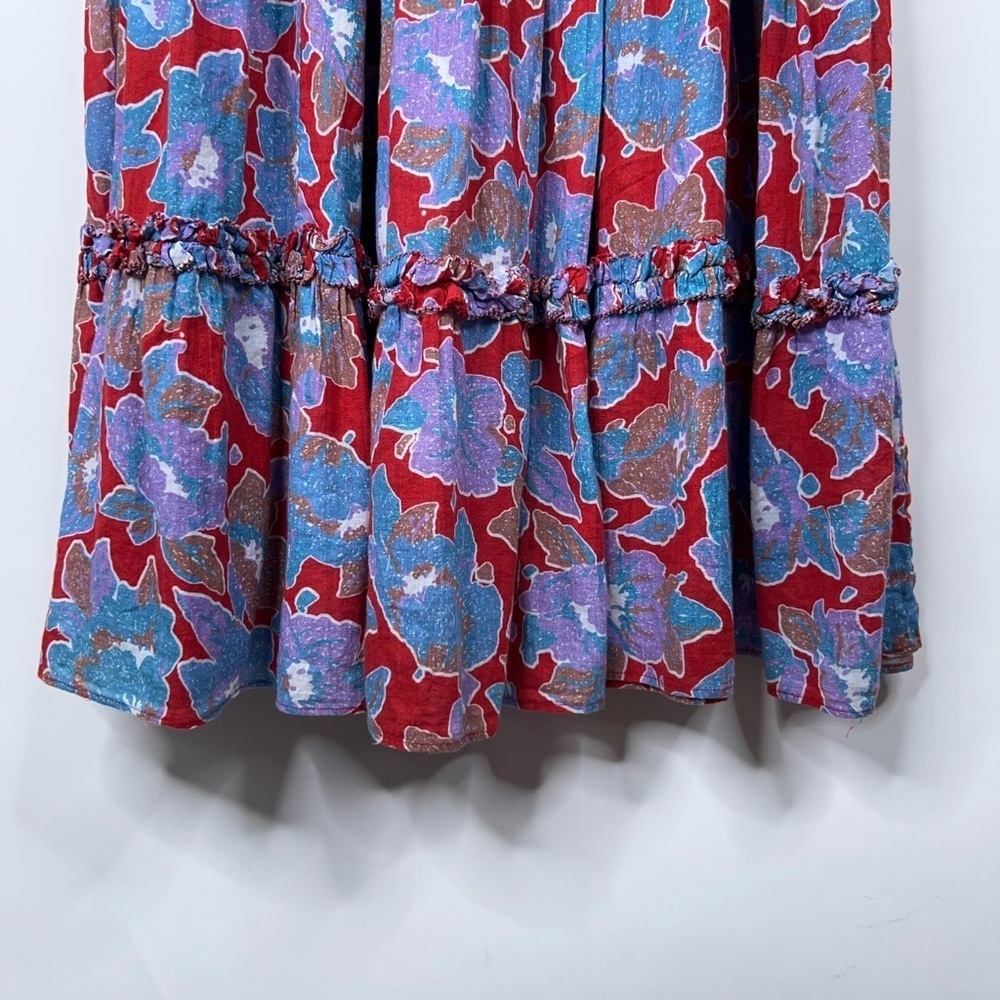 Love the Label Red Blue Floral Midi Dress Square Neck Smocked Tiered Cotton - Picture 5 of 11
